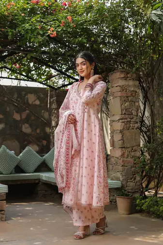 Baby pink cotton angrakha style dupatta suit set