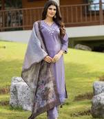Floral Embroidered Sequinned V-Neck Straight Kurta With Trousers And Dupatta