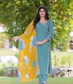 Women Ethnic Motifs Embroidered Angrakha Straight Kurta With Trousers And Dupatta