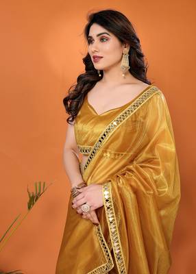 Gold embellished organza  saree with blouse piece 3