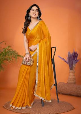 Gold embellished poly silk saree with blouse piece 4