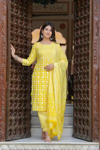 Yellow cotton printed kurti