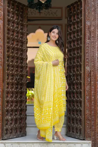 Yellow cotton printed kurti