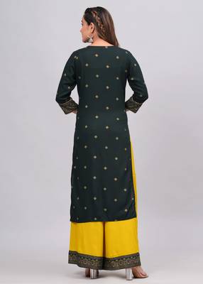Green women printed embroidered aline kurta palazzo with dupatta set 2
