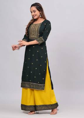Green women printed embroidered aline kurta palazzo with dupatta set 5