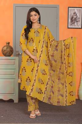 Mustard women cotton floral printed aline kurta pant with dupatta set 1