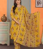 Mustard women cotton floral printed aline kurta pant with dupatta set