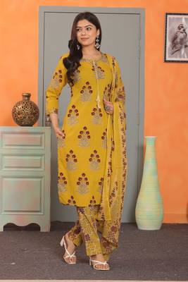 Mustard women cotton floral printed aline kurta pant with dupatta set 3