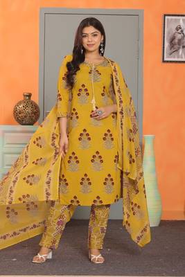 Mustard women cotton floral printed aline kurta pant with dupatta set 5