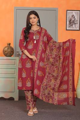 Maroon women cotton floral printed aline kurta pant with dupatta set 1