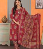 Maroon women cotton floral printed aline kurta pant with dupatta set