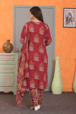 Maroon women cotton floral printed aline kurta pant with dupatta set 2