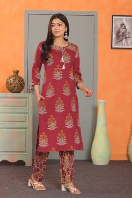 Maroon women cotton floral printed aline kurta pant with dupatta set 4
