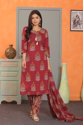Maroon women cotton floral printed aline kurta pant with dupatta set 5