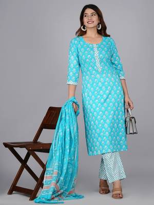 Sky blue cotton printed kurti 1