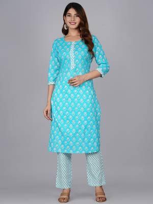 Sky blue cotton printed kurti 2