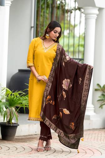 Embroidered Mirror Work Pure Silk Straight Kurta with Trousers & With Dupatta