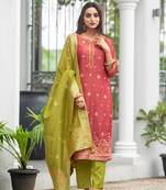 Floral Embroidered Straight Kurta with Trousers & Dupatta