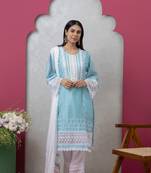 Smer sky blue women's mandira neck 3/4th sleeves poly chanderi straight kurta with cotton trousers set