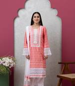 Smer peach women's mandira neck 3/4th sleeves poly chanderi straight kurta with cotton trousers set