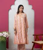 Smer women's cotton peach printed v-neck full sleeves angrakha kurta with trouser set