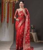 Red organza saree with blouse for wedding