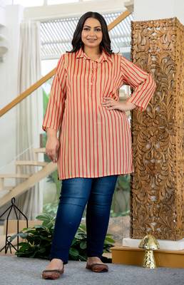 Pink striped poly silk plus size kurta (set of 1) 1