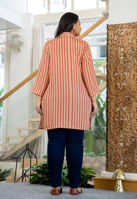 Pink striped poly silk plus size kurta (set of 1) 2