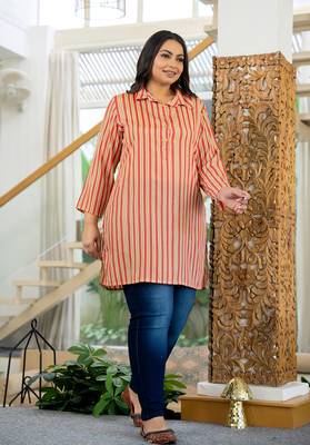 Pink striped poly silk plus size kurta (set of 1) 3