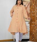 Peach-orange check print plus size cotton  kurta (set of 1)