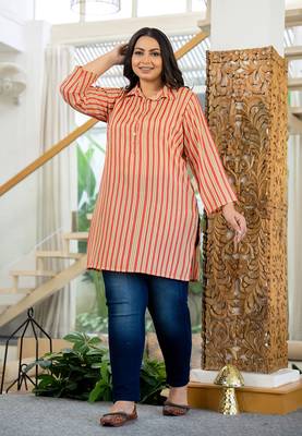 Pink striped poly silk plus size kurta (set of 1) 4
