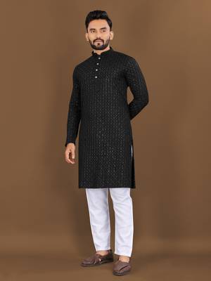 Black embroidered mandarin collar sequence thread work kurta 1
