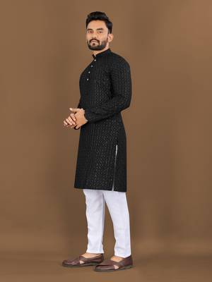 Black embroidered mandarin collar sequence thread work kurta 2