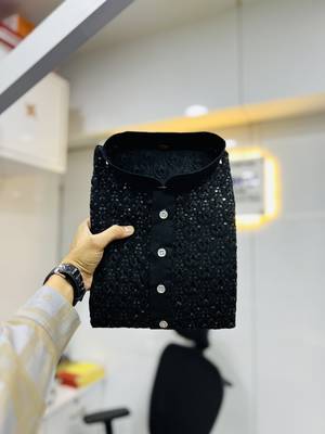 Black embroidered mandarin collar sequence thread work kurta 3