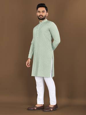 Light olive embroidered mandarin collar sequence thread work kurta 1