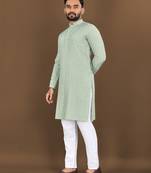 Light olive embroidered mandarin collar sequence thread work kurta