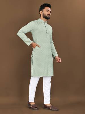 Light olive embroidered mandarin collar sequence thread work kurta 2