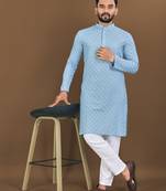 Sky blue embroidered mandarin collar sequence thread work kurta