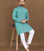 Turquoise embroidered mandarin collar sequence thread work kurta