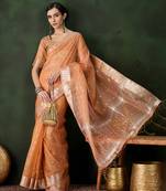 Peach cotton silk saree for festive occasion