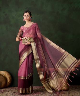 Wine cotton-silk saree with gold zari border. 1