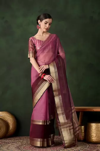 Wine cotton-silk saree with gold zari border.