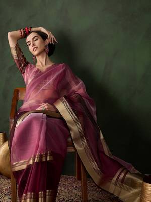 Wine cotton-silk saree with gold zari border. 4