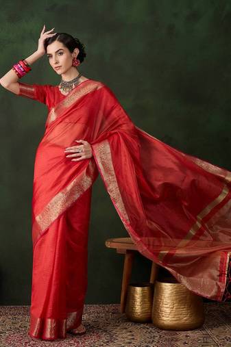 Red cotton-silk saree for festival