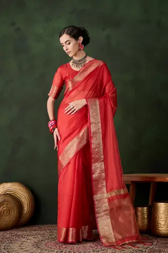 Red cotton-silk saree for festival