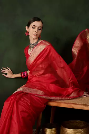 Red cotton-silk saree for festival