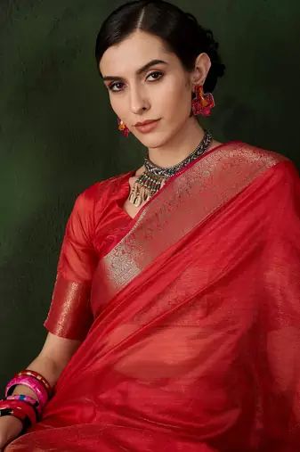 Red cotton-silk saree for festival