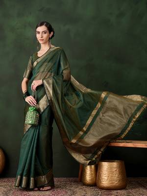 Emerald green cotton-silk saree with gold zari border 1