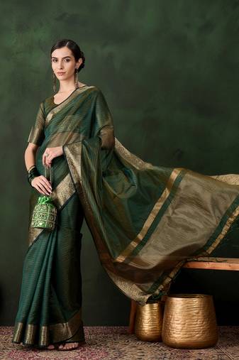 Emerald green cotton-silk saree with gold zari border