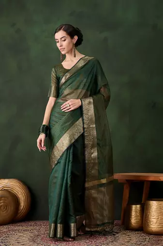 Emerald green cotton-silk saree with gold zari border